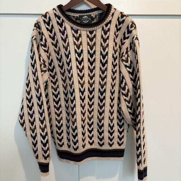 Vintage Jantzen Sweater Mens Medium Cream Purple Blue Brown Chevron Knit USA 90s - Picture 3 of 10